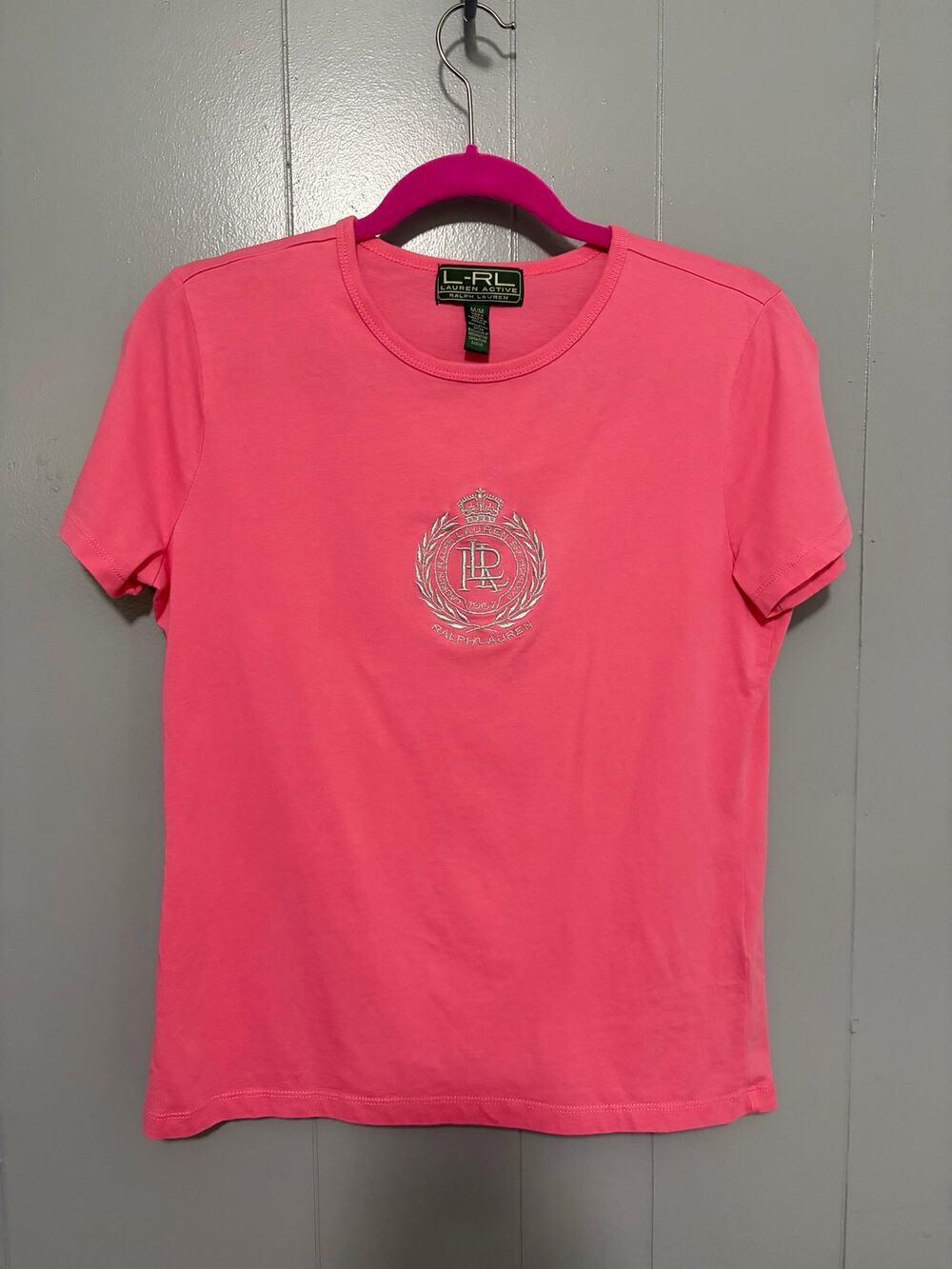 Vintage Lauren Active Ralph Lauren Pink Embroidered Crest Logo Cotton T-shirt M